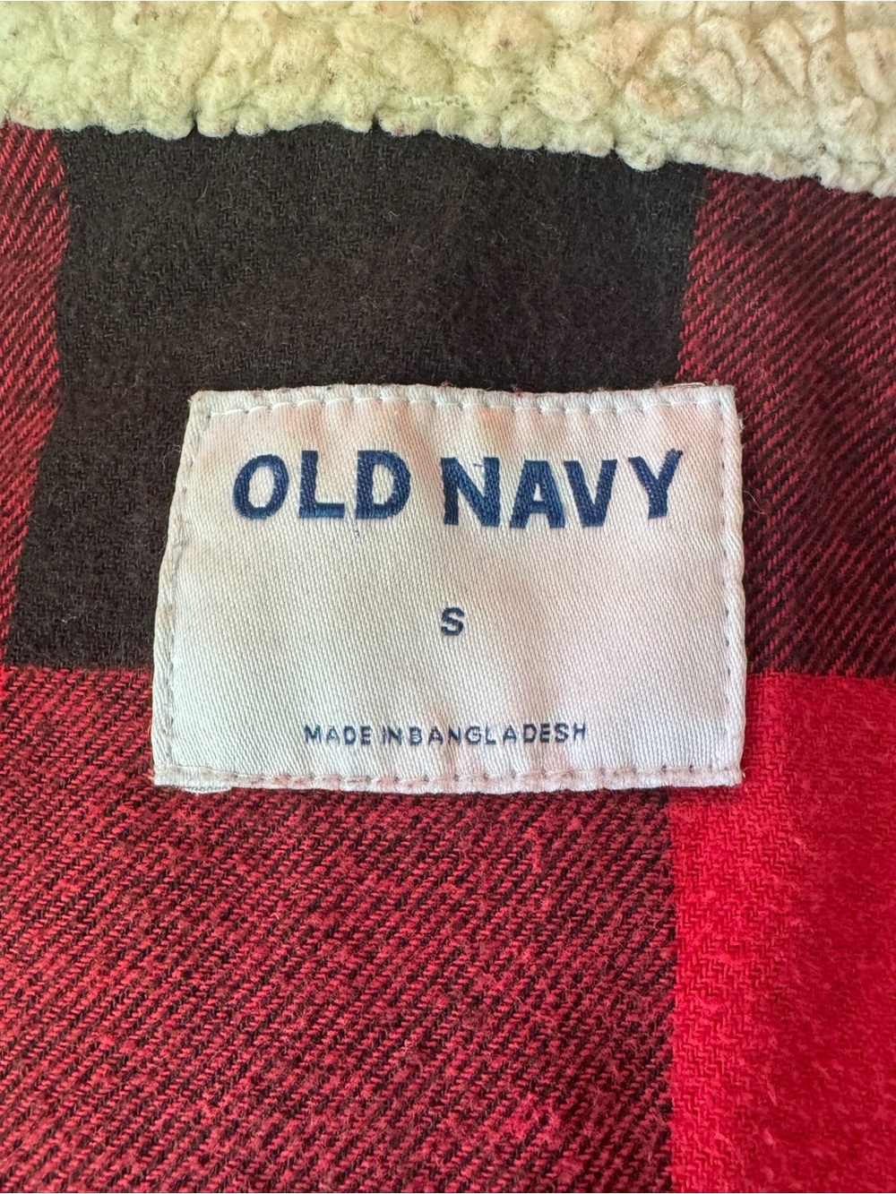 Old Navy Blue Denim Jacket with Cream Sherpa Collar and Red Plaid Lining small - Picture 6 of 7